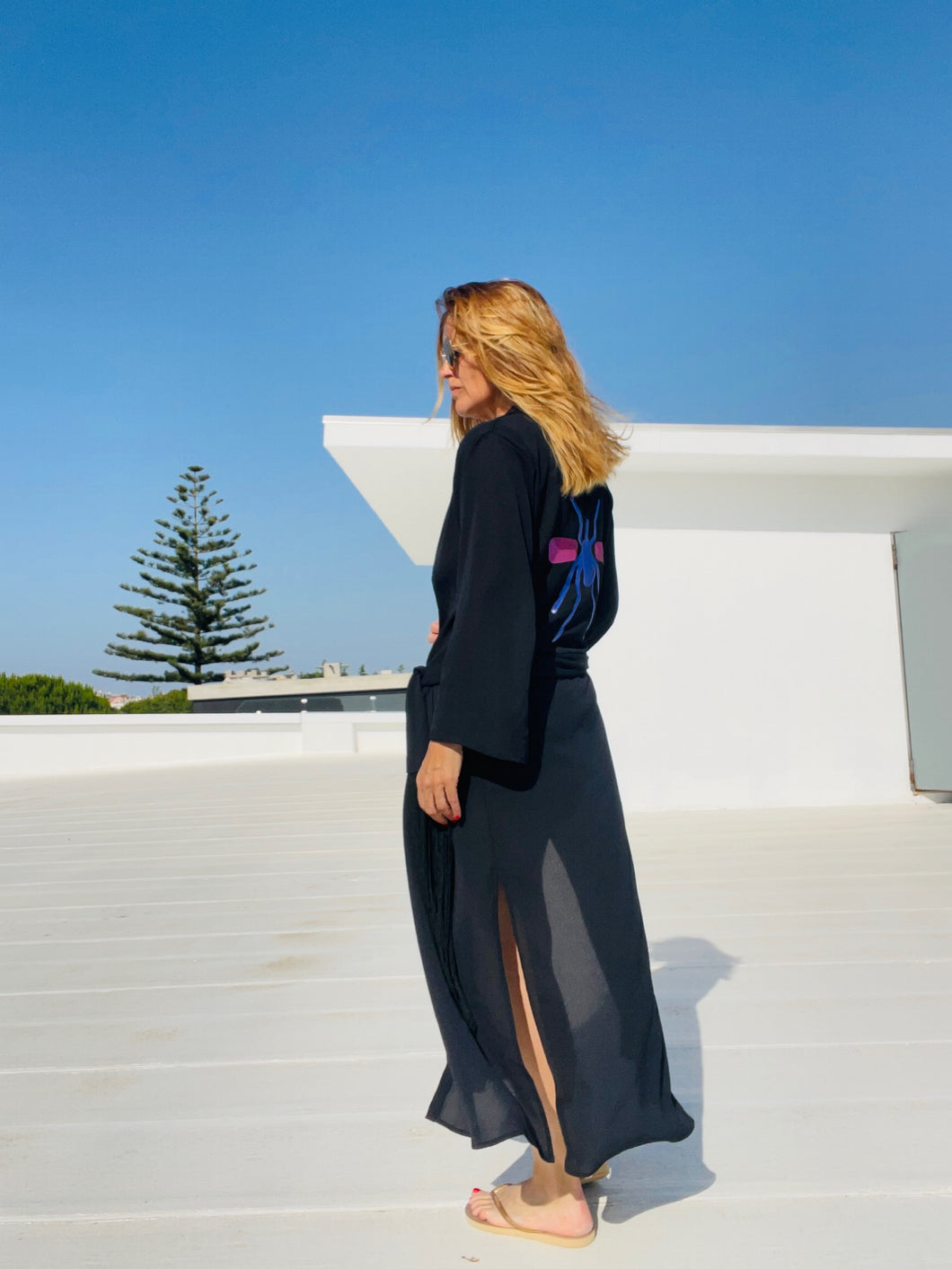 Kimono Preto Exclusivo Mosquito azul/rosa